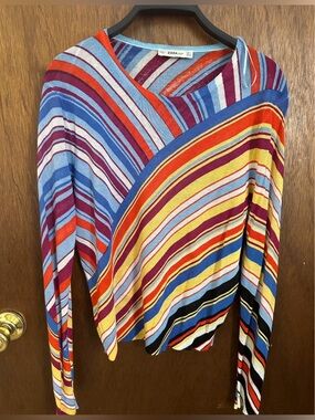 Zara Colorblock Diagonal Striped Knit Sweater - Blue, Red, Yellow, Black, Cream